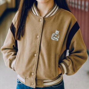 GAP Varsity Jacket Women’s XXS Tan Brown Bear Logo Snap Up Cozy Y2K Sweatshirt